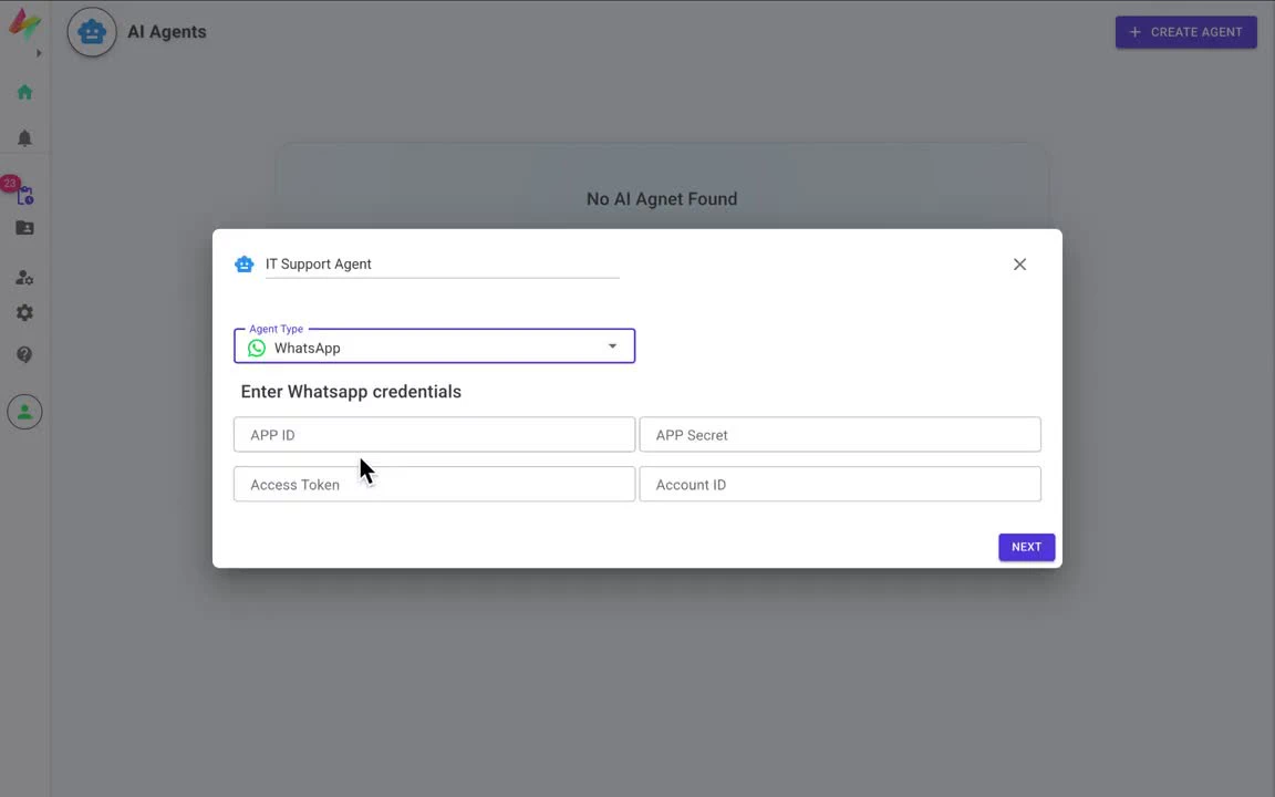 Create agent dialog with agent name, Agent Type WhatsApp and WhatsApp credential fields