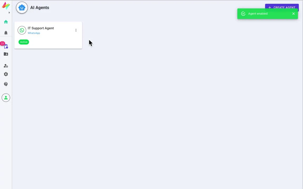 AI Agents page showing IT Support Agent, WhatsApp, Active