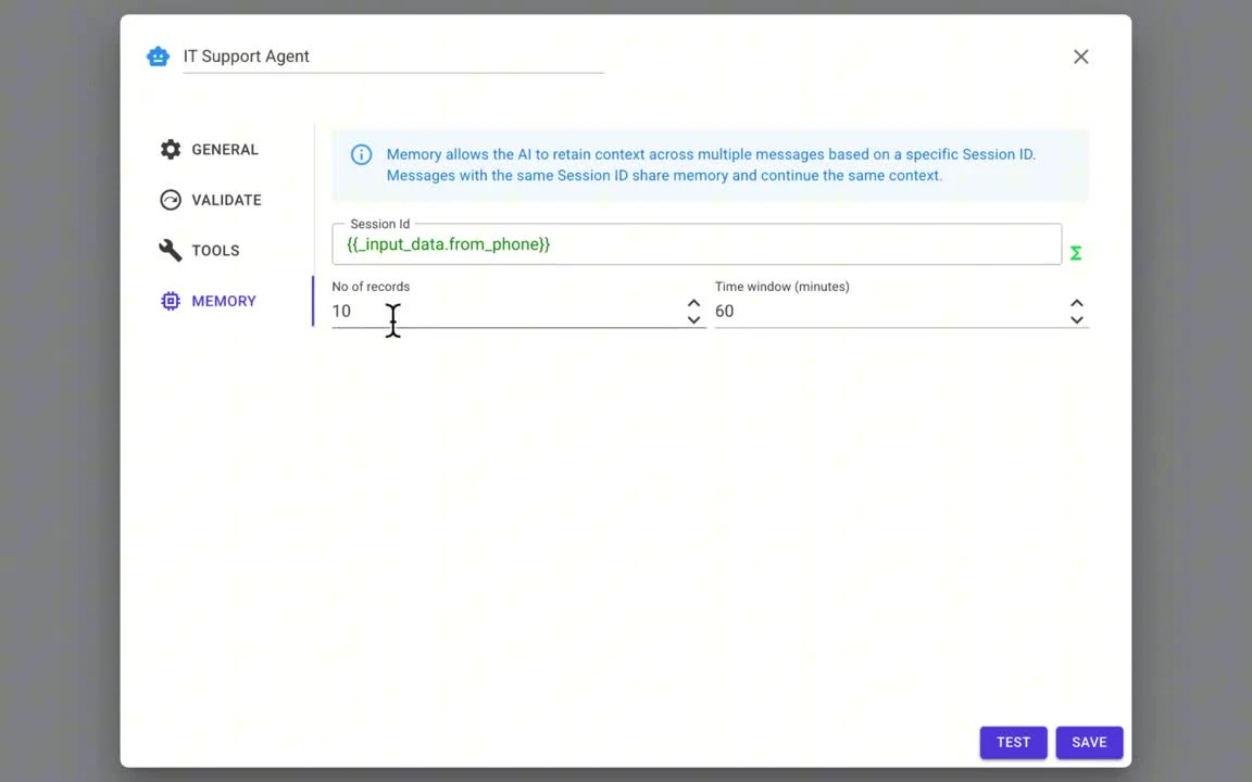 Memory tab with Session Id, number of records and time window