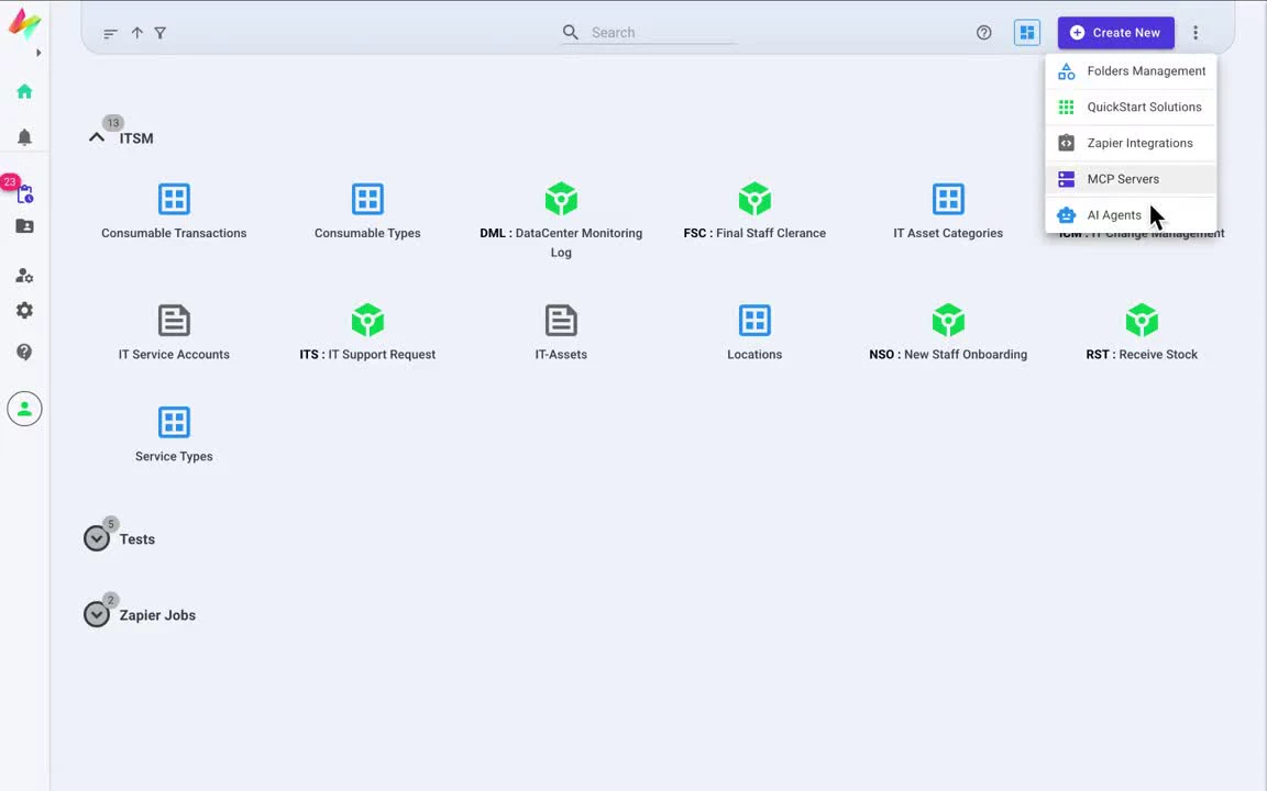 Home screen menu showing Folders Management, QuickStart Solutions, Zapier Integrations, MCP Servers and AI Agents