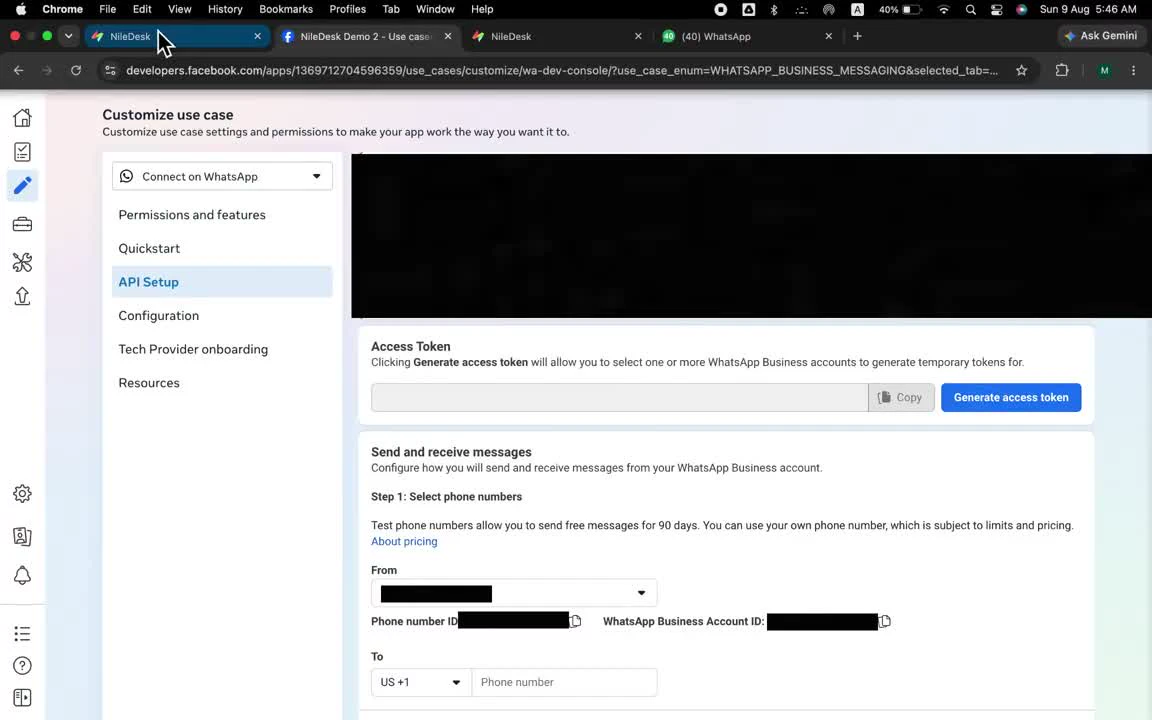 Meta developer console, API Setup page with access token and phone number details