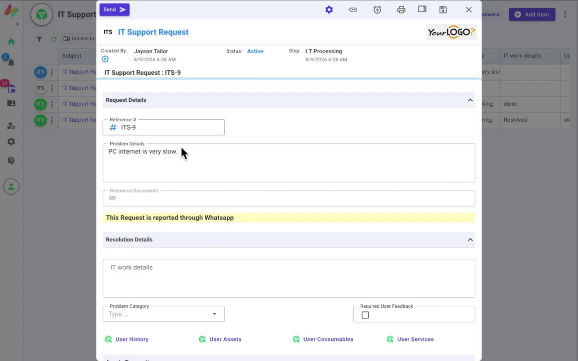 IT Support Request ITS-9 created from WhatsApp with the problem details filled in