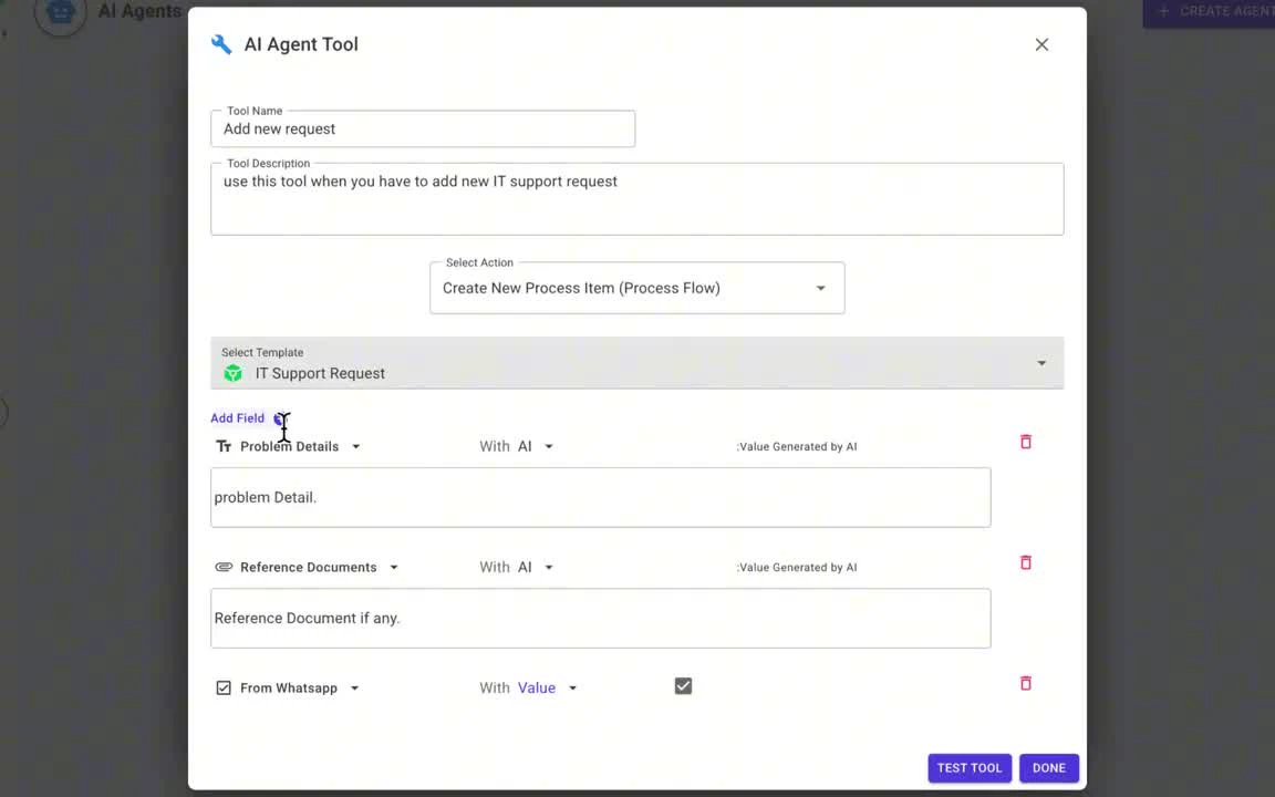 AI Agent Tool dialog creating a new IT Support Request with fields mapped by AI and by value