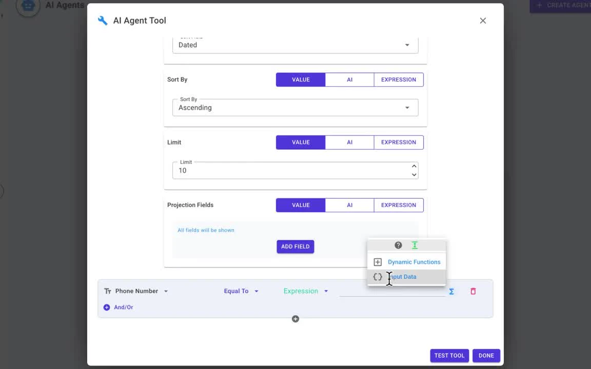 Find Many Records tool with sort, limit, projection fields and a Phone Number condition
