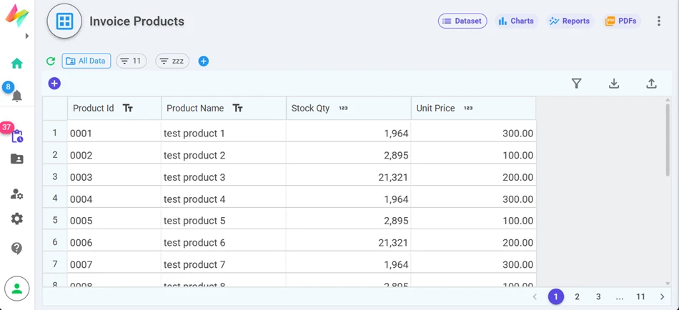 Dataset view listing products with stock quantity and unit price