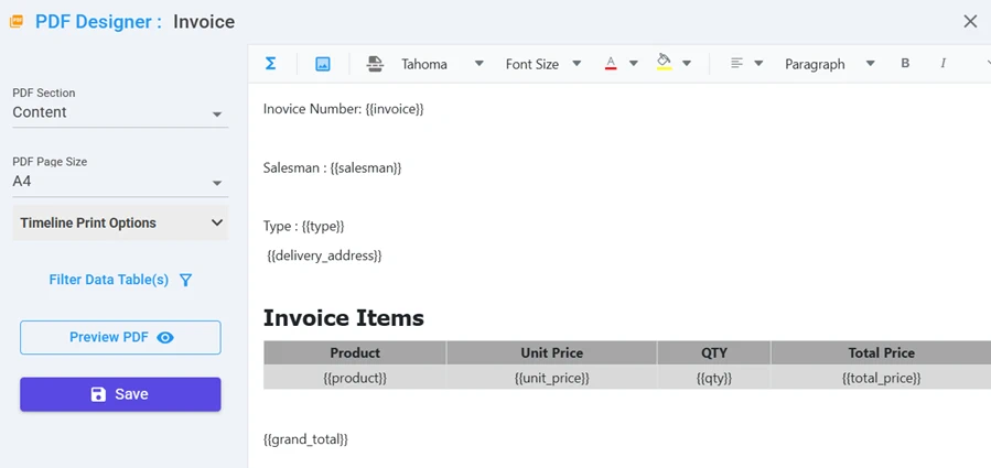 PDF designer laying out an invoice with field placeholders and an items table