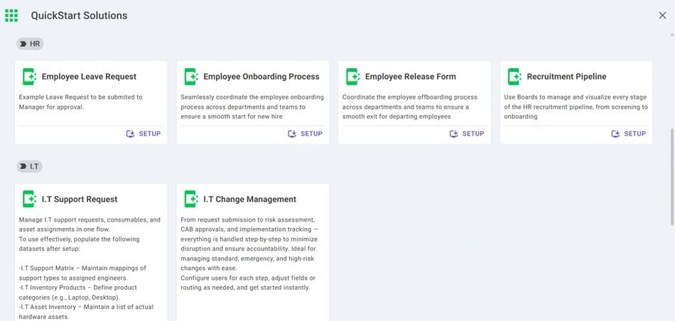 QuickStart Solutions screen with HR and IT solutions and Setup buttons