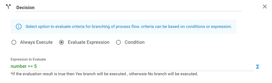 Decision step configured to evaluate an expression