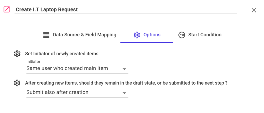 Initiate Item Task Options