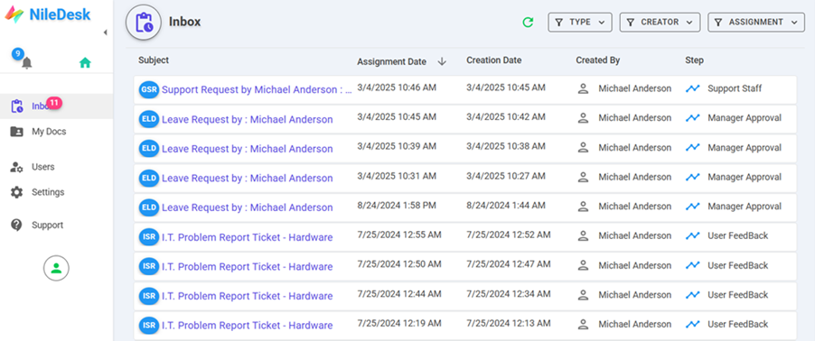 NileDesk Inbox Page